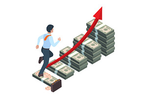 Businessman running up money stacks, a Finance Illustration by Onyx