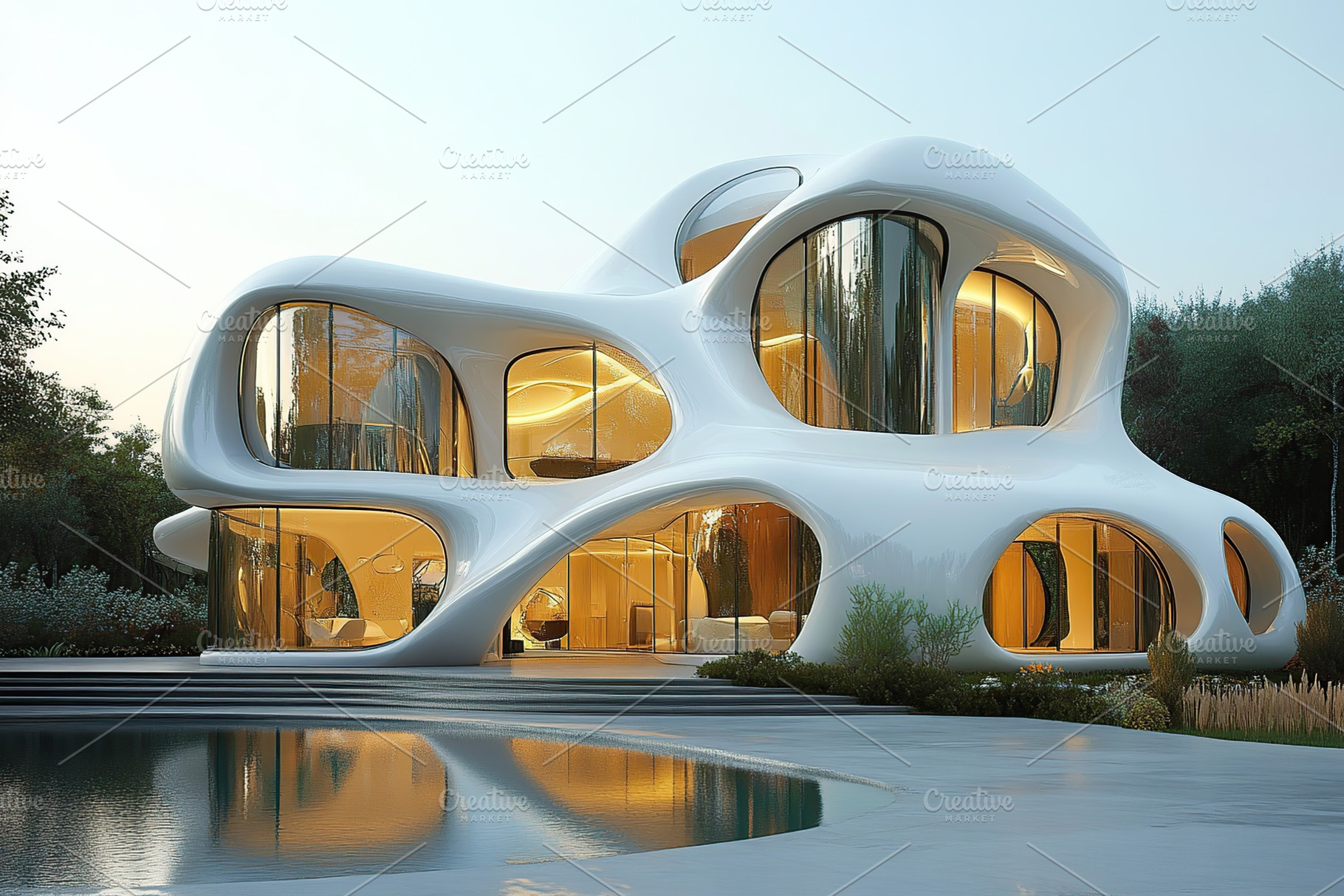Beautiful futuristic facade of house building, a Photo by AlyaAnd