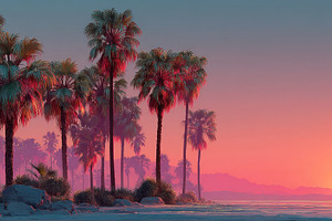 Tropical beach sunset with tall palm trees, colorful sky, and di, a Nature Photo by José Manuel Gelpi