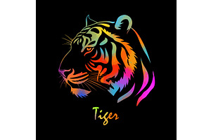 Tiger colored head on black, an Object Illustration by Nenahliadava Design
