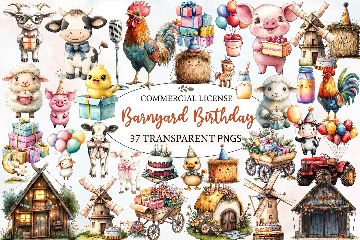 Barnyard Birthday Clipart Bundle, an Illustration by Designworld (Photo 1 of 8)