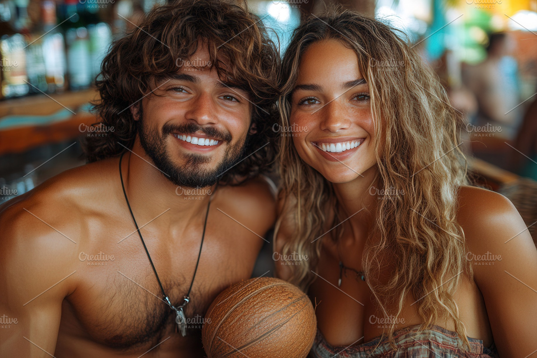 Smiling young couple poses happily a, a Photo by Tanuart