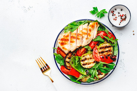 Healthy salad with grilled chicken breast fillet and vegetables:, a Food & Drink Photo by 5PH