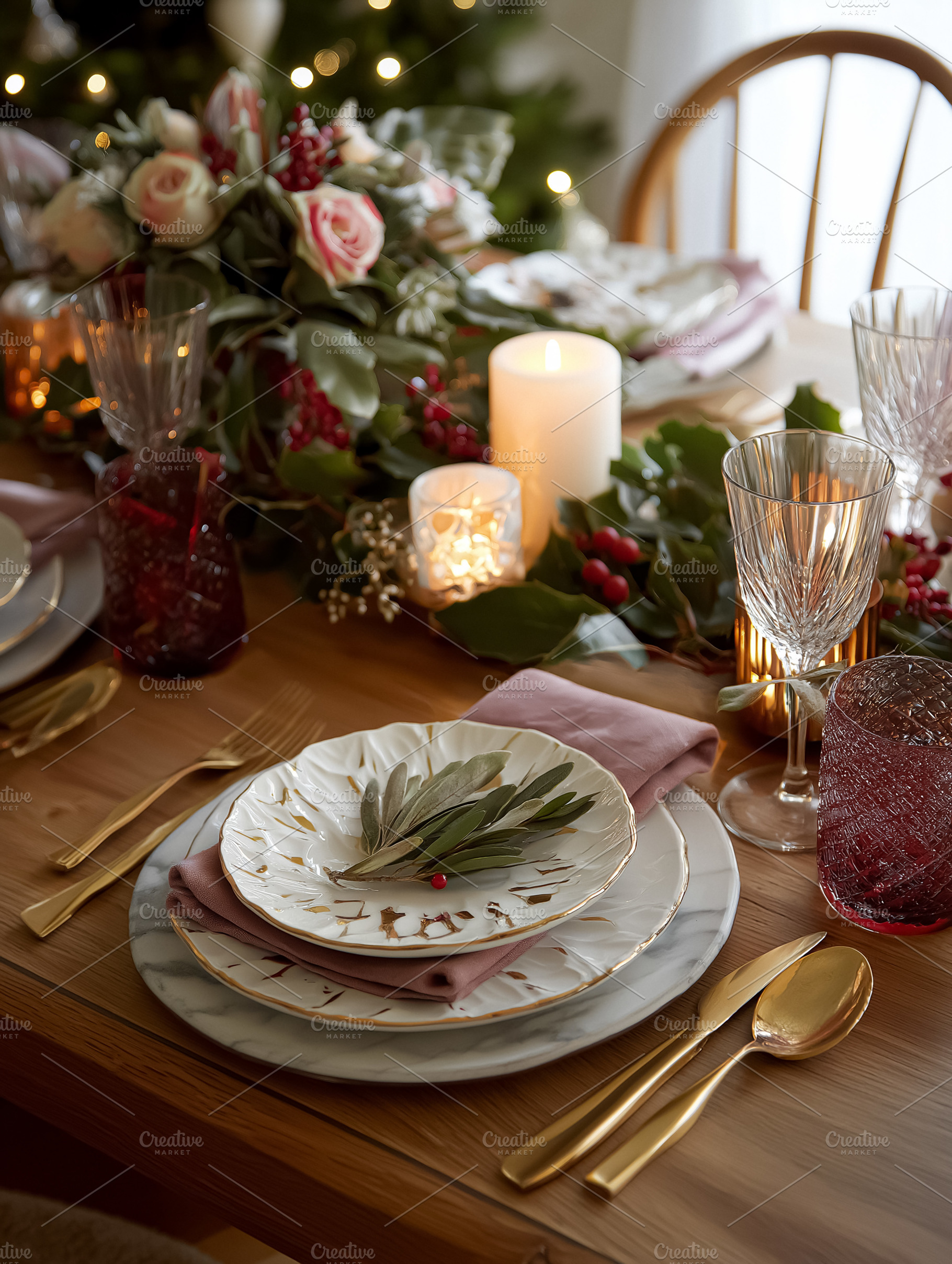 Elegant Christmas dining table setting with festive decor, candles, and beautif, a Food & Drink Photo by Studio ANNA