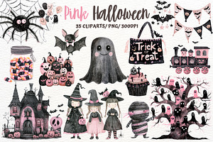 Pink Halloween Watercolor Clipart