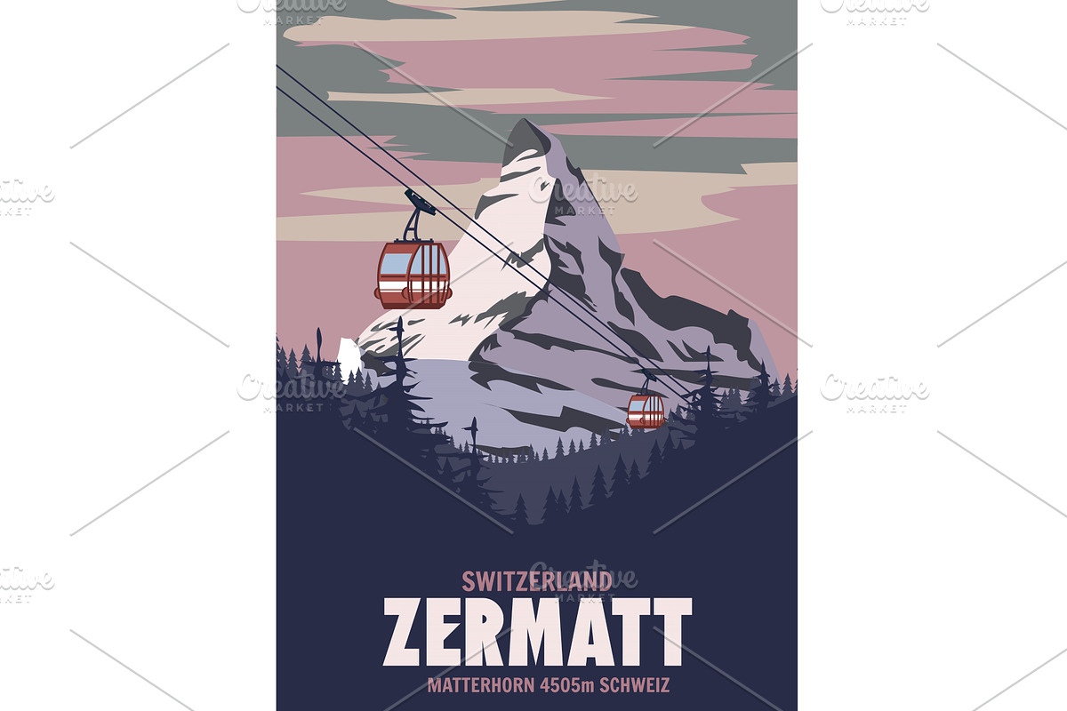 Zermatt Ski resort poster, retro, an Illustration by Vector_Up
