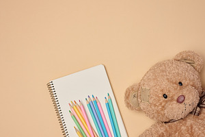 Wooden colored pencils and open notebook, brown teddy bear next, a School & Education Photo by ndanko