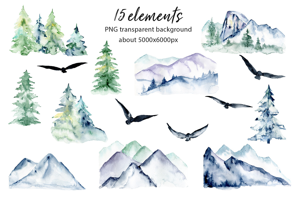 Forest and mountains watercolor set, an Illustration by Larisa Maslova (Photo 7 of 11)