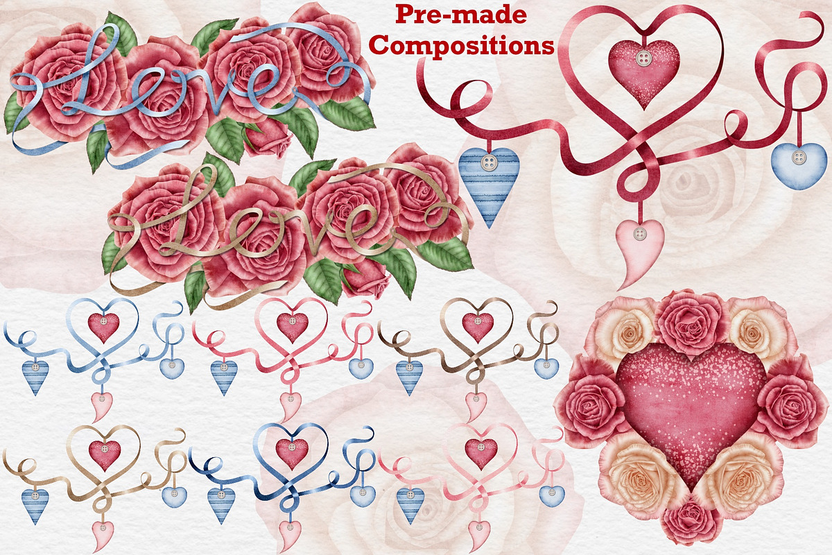 Valentines Roses watercolor clipart., a Seasonal Illustration by Happy Sloth Graphics (Photo 3 of 12)