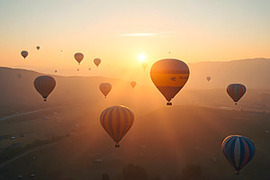 Hot Air Balloons Flying Over  At Sun, a Photo by LOGOCREATIVE