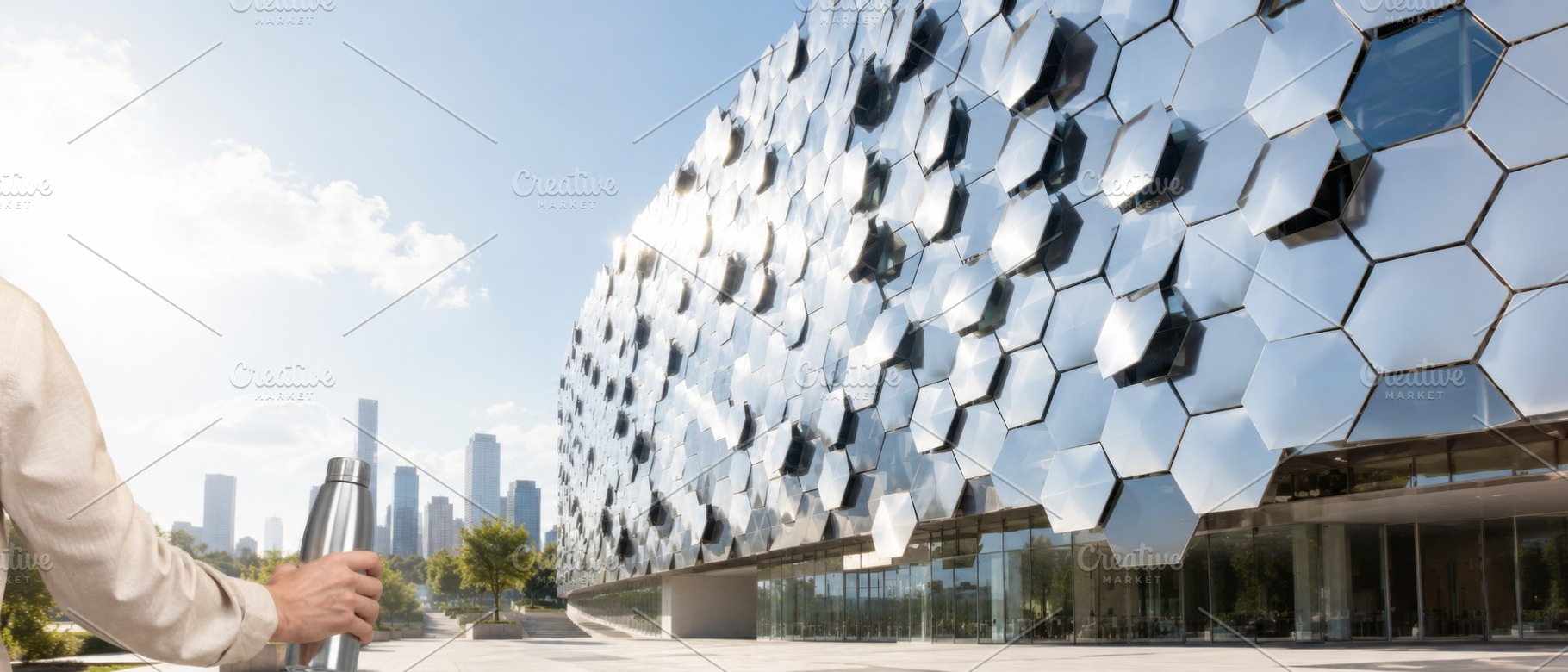 Modern hexagonal building reflecting, a Photo by Dvoevnore photos