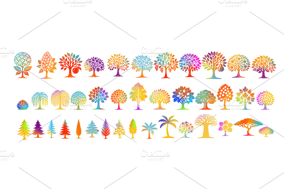 colored fruit tree cartoon set. A, an Object Illustration by Nenahliadava Design