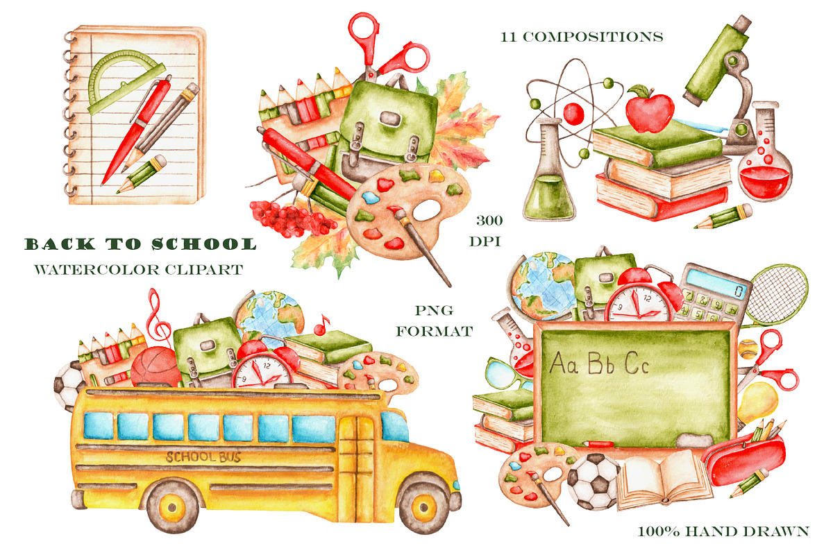 Back to school watercolor clipart., an Education Illustration by SabinaWatercolorArt (Photo 4 of 15)