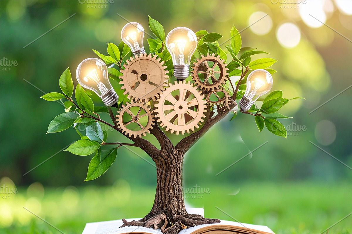 Tree over book with gears and light bulbs symbolizing knowledge, an Education Illustration by DanFLCreativo