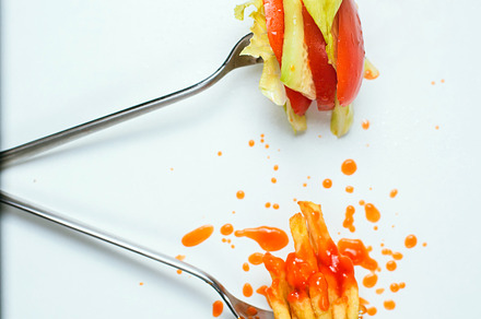 Healthy or junk food choice containing diet, dieting, and food