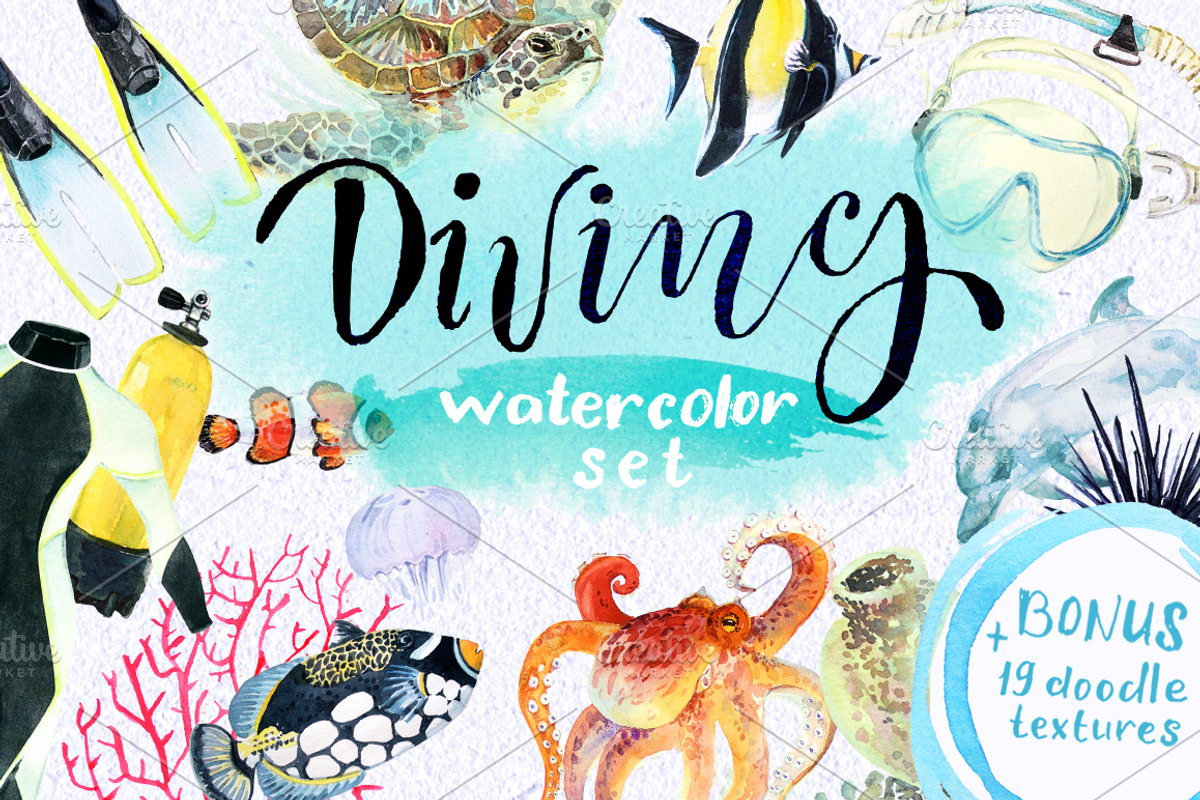 Diving watercolor set, a Texture Illustration by airdynamic (Photo 1 of 6)