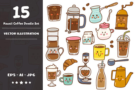 Kawaii Coffee Doodle Elements