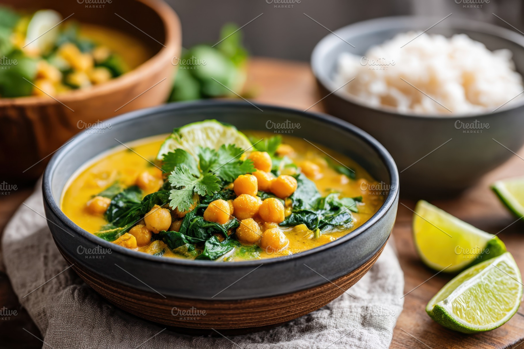 Steaming cauliflower and chickpea curry with rice, a Food & Drink Photo by AlyaAnd