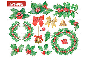 Watercolor Christmas Holly Clipart