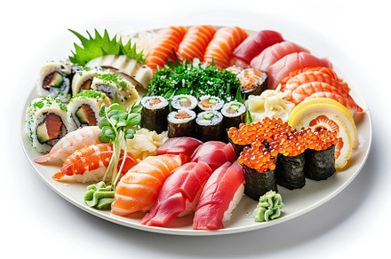 Assorted tasty sushi food in plate on white background, a Food & Drink Photo by AlyaAnd