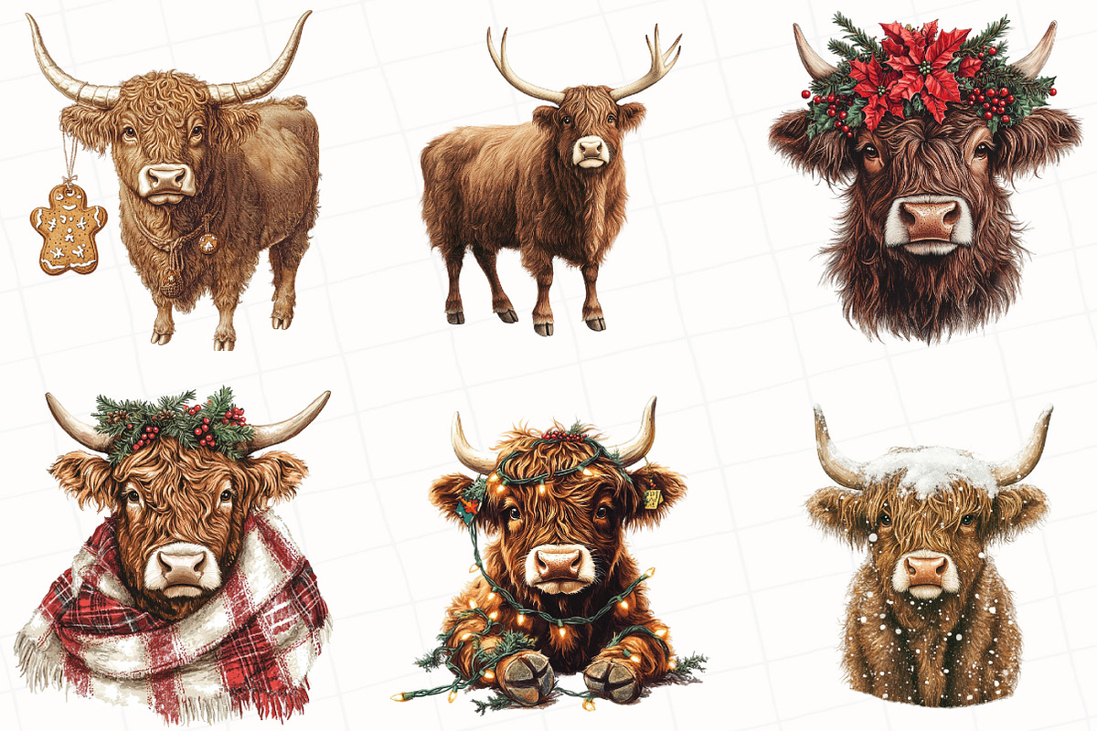 Christmas Highland Cow Clipart, an Illustration by OK Design (Photo 5 of 5)