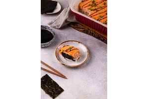 Baked sushi roll cake with crab, a Food & Drink Photo by Yulia Furman