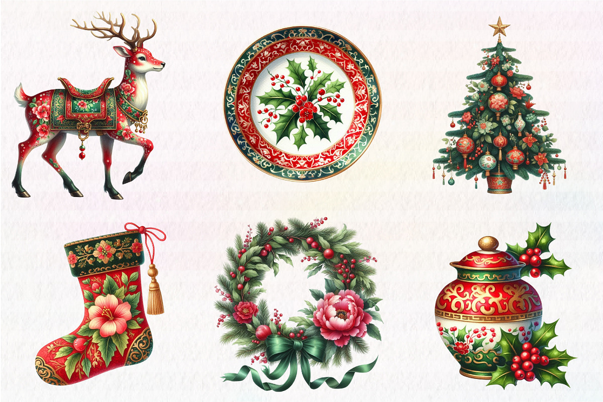Chinoiserie Red & Green Christmas Cl, an Illustration by CreationArt (Photo 3 of 6)