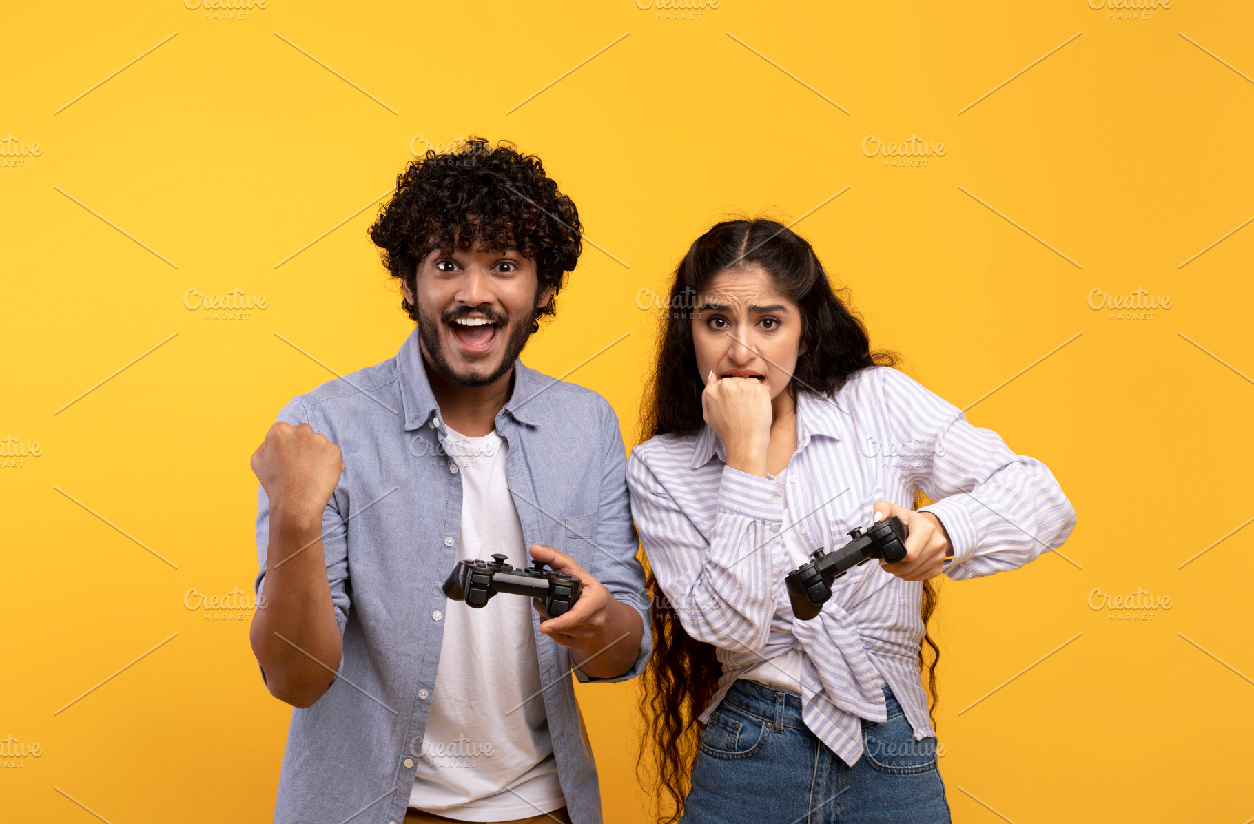 Emotions of win and loss in online game. Happy indian guy rejoicing at success,, a Photo by Prostock-Studio