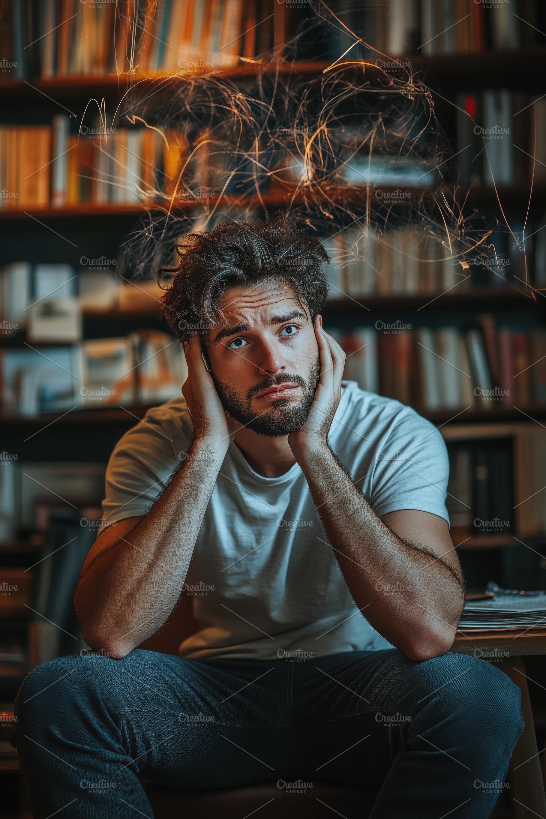 A young cognitive psychologist man sitting in a library, looking distressed wit, a Person Photo by Textures & Backgrounds