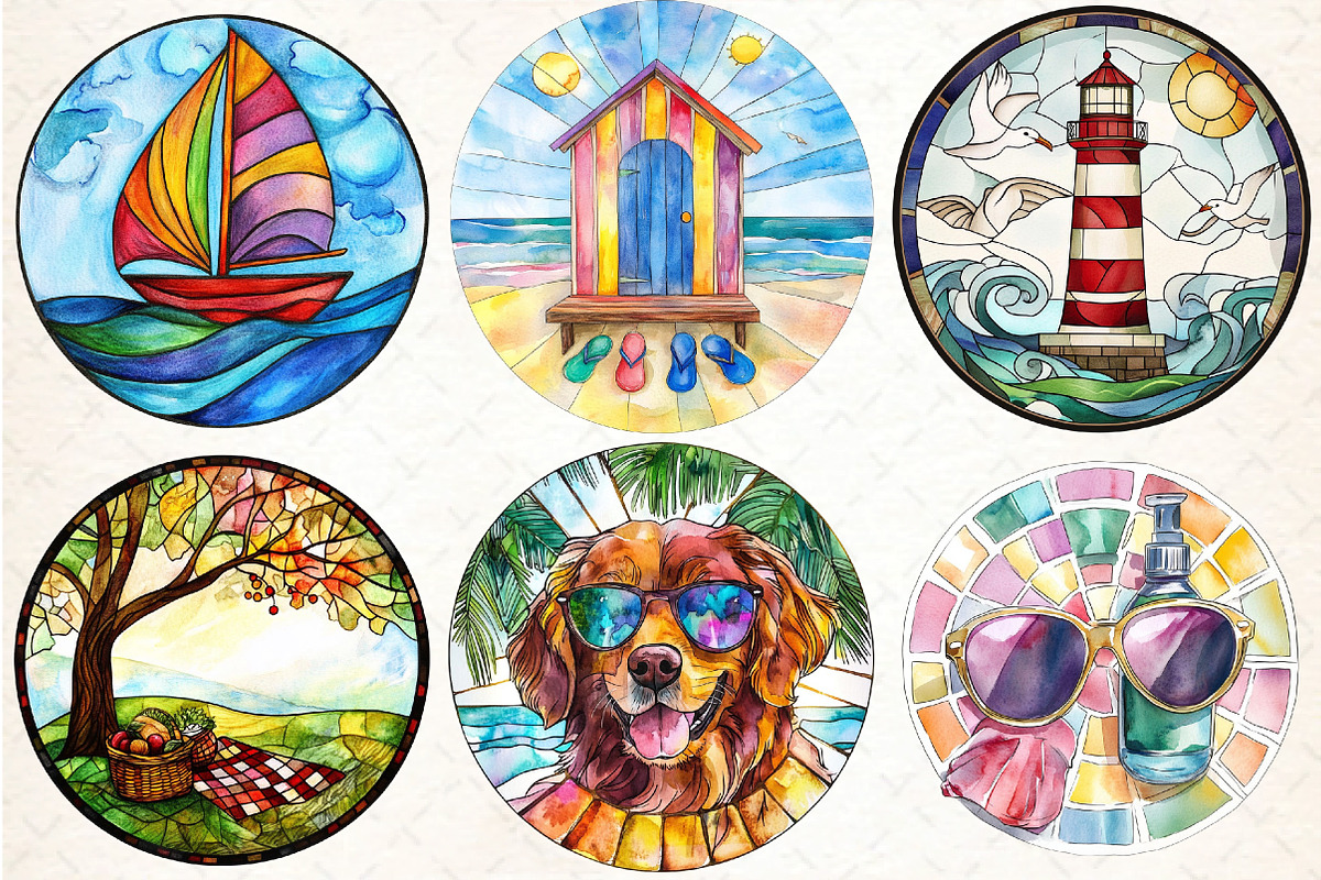 Round Stained Glass Summer Clipart, an Illustration by DreamCafeArt (Photo 3 of 7)