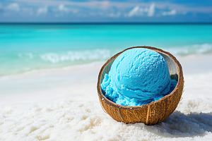 Shell filled with blue ice cream on sandy beach next to turquoise water, a Food & Drink Photo by AlyaAnd