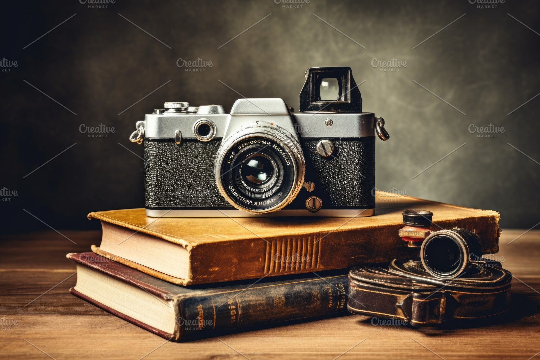 Vintage camera and old books on a wo, a Photo by Iftikhar Alam