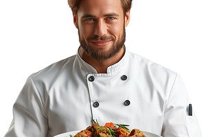 A male chef proudly presents a colorful plate of gourmet food, showcasing his c, a Person Photo by ImageMir
