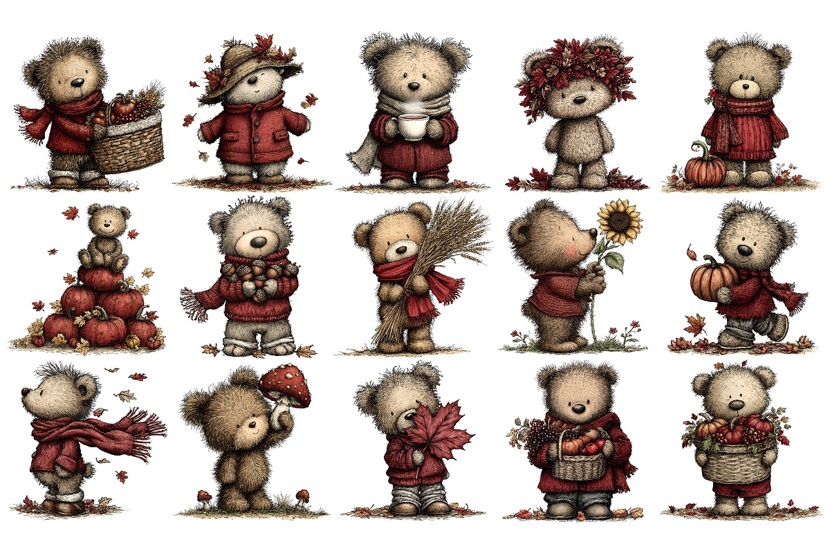 Autumn Bear PNG Clipart Bundle, an Animal Illustration by Nicolle's Colorful Art (Photo 4 of 6)