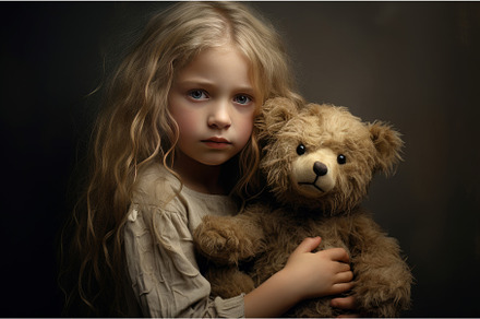 Little girl hugging her bear toy, a Person Photo by Ylivdesign