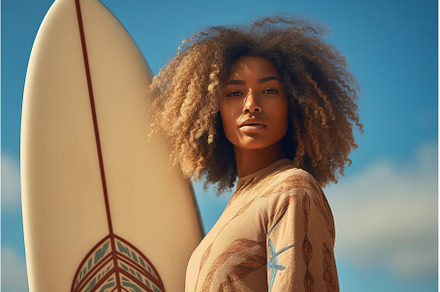 Female black surfer with surfboard, a Person Photo by Lermont51