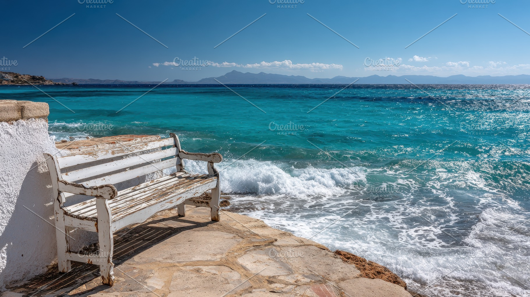 Bench by the sea near a rocky shore, a Photo by Pavel_design