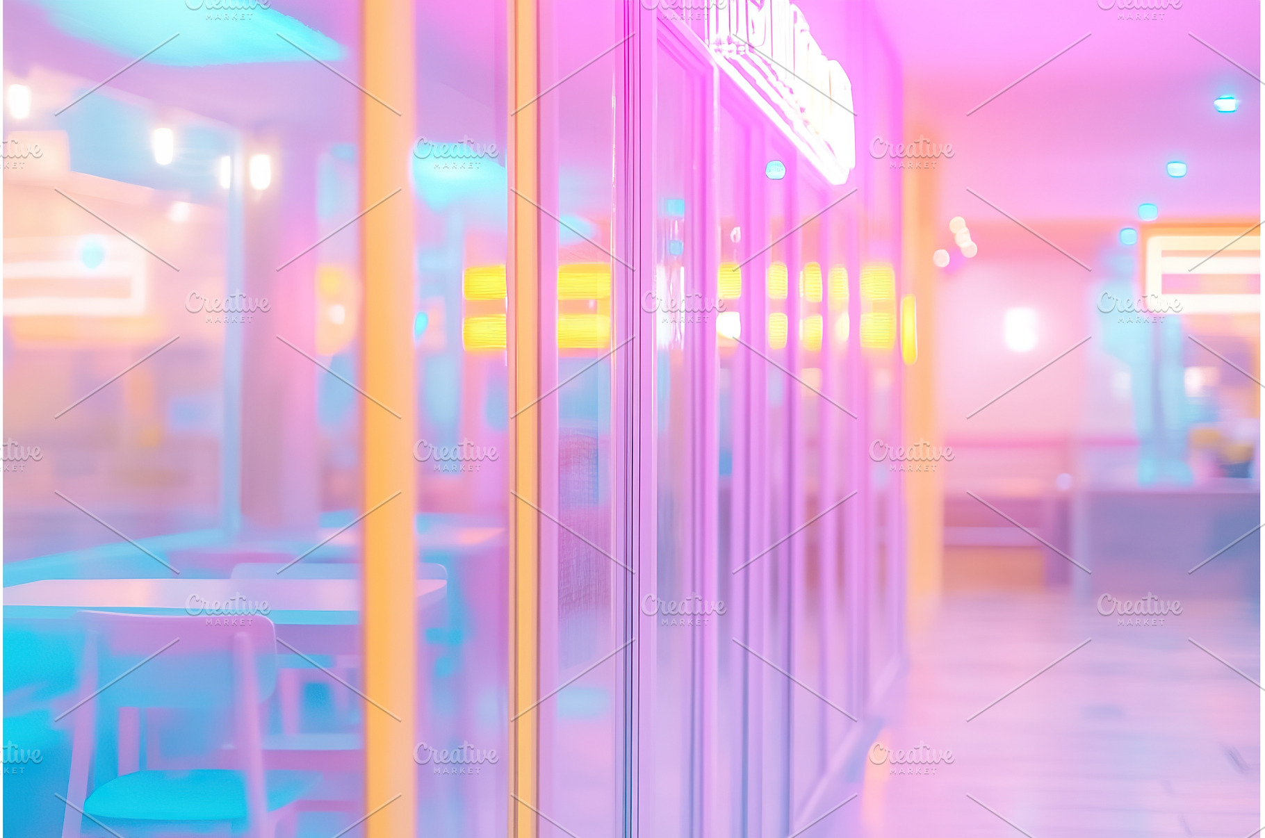 Vaporwave Style Cafe Interior with, an Architecture Photo by Lermont51