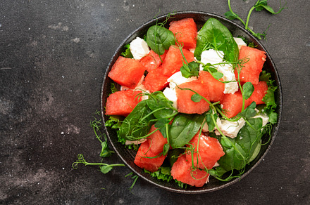 Summer watermelon salad bowl with goat cheese, spinach and pea s, a Food & Drink Photo by 5PH