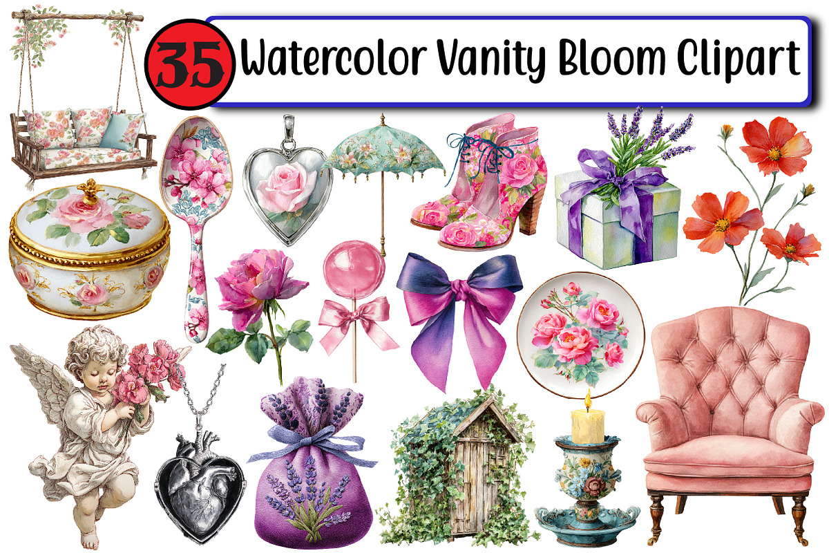 Watercolor Vanity Bloom Clipart, an Illustration by Design Market (Photo 1 of 3)