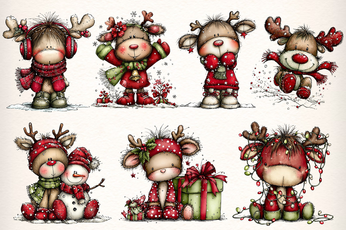 Christmas Cute Reindeer Clipart, an Illustration by Dream Creation (Photo 5 of 8)