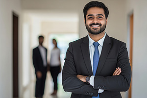 Realtor stands in a bright hallway with a welcoming smile, showcasing professio, a Photo by AlyaAnd