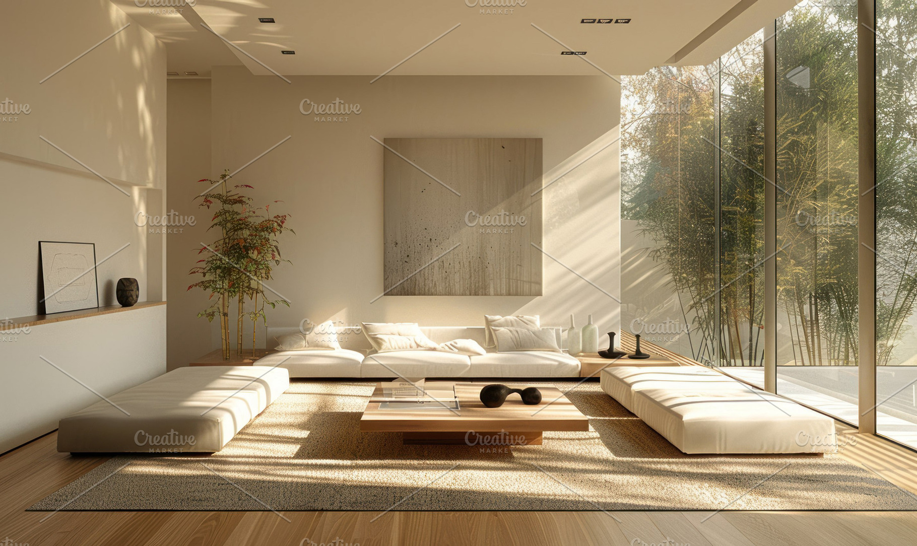 Compose a minimalist living room tha, a Photo by LOGOCREATIVE