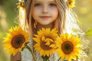 Young girl in a white dress holding sunflowers in a sunlit field during golden, a Nature Photo by AlyaAnd