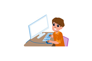 Smiling boy using computer for, an Education Illustration by pikepicture