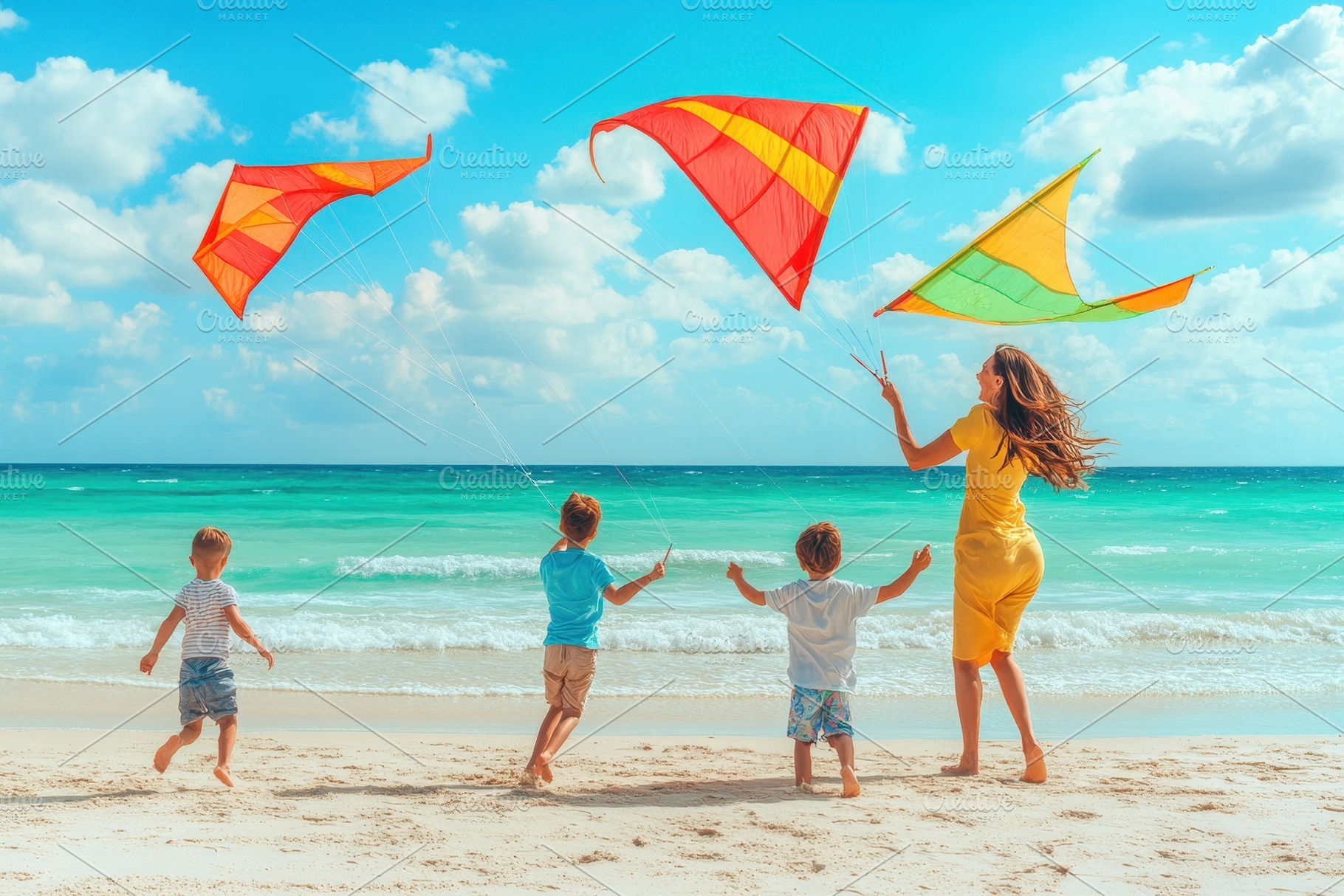 Woman and children fly colorful kite, a Photo by Pavel_design