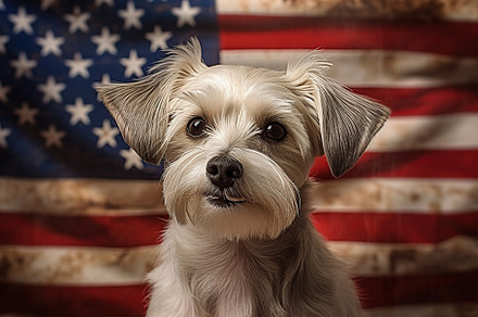 Beautiful dog with american flag on background. Generative AI, an Animal Photo by AlyaAnd