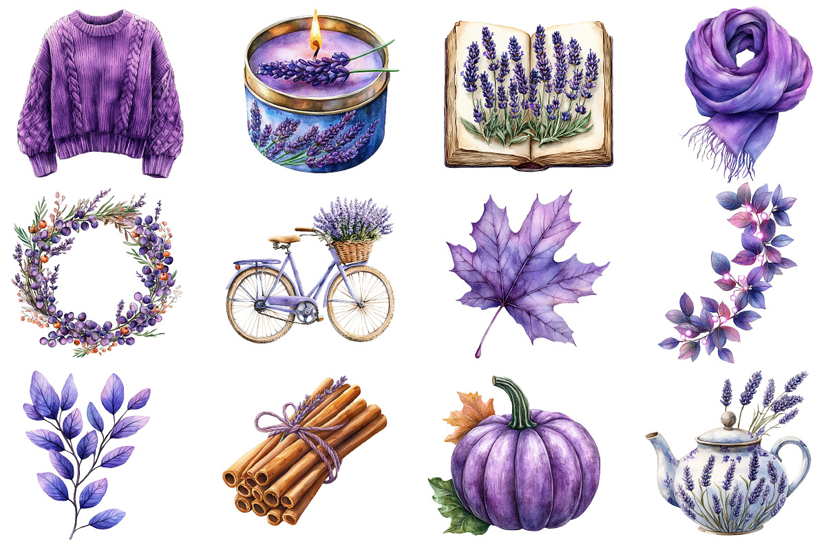 Watercolor Lavender Fall Clipart, an Illustration by Designworld (Photo 2 of 6)
