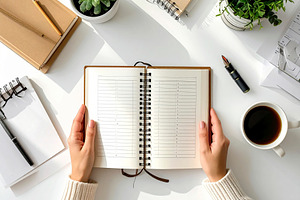 Person at a desk with various objects like notebook, post-it not, a School & Education Photo by DanFLCreativo