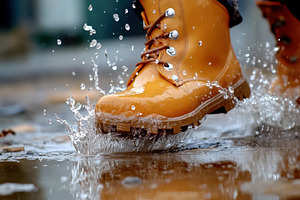 a worker's waterproof boot splashing, a Photo by Pavel_design
